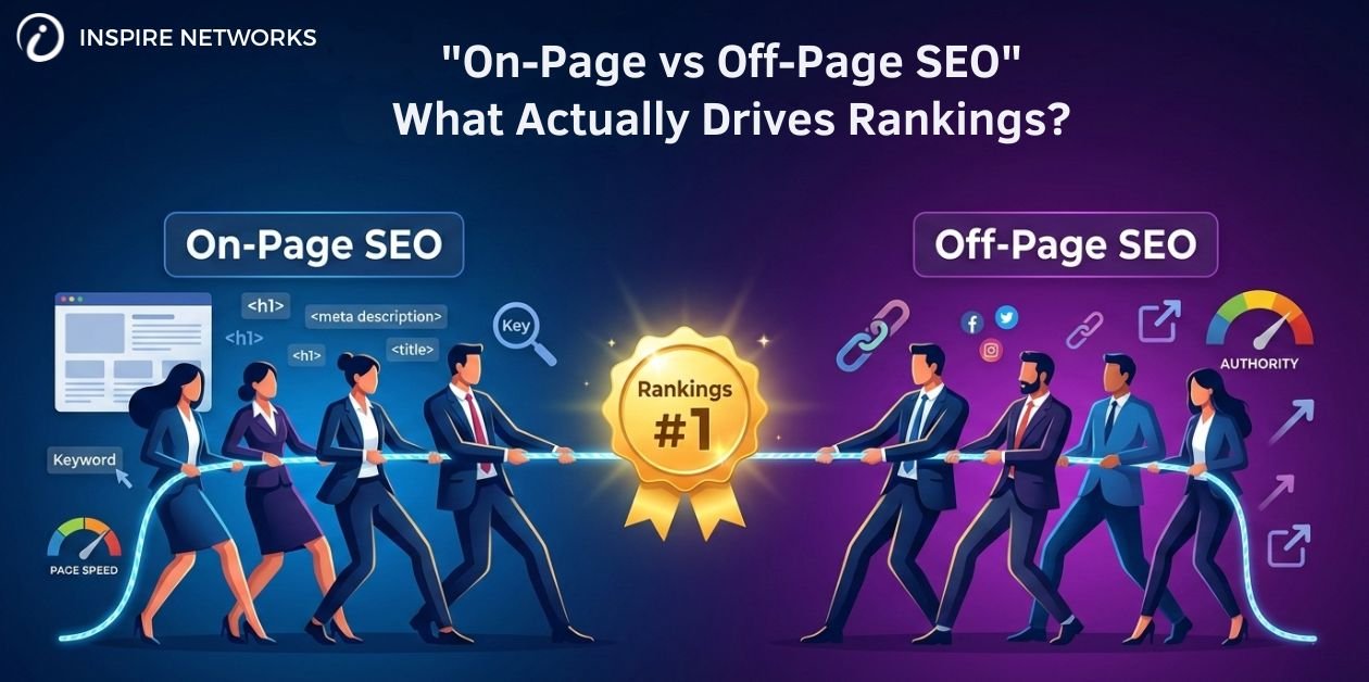 Illustration showing a tug-of-war between On-Page SEO and Off-Page SEO teams competing for the number one ranking.